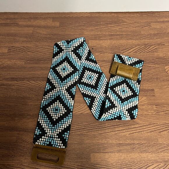 Vintage Boho Beaded Belt Wooden Buckle Wide Tribal Southwestern Stretch One Size